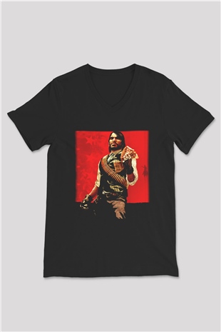 Red Dead Redemption Siyah Unisex V Yaka Tişört T-Shirt