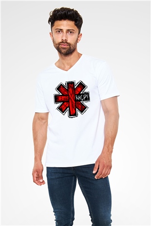 Red Hot Chili Peppers Beyaz Unisex V Yaka Tişört T-Shirt
