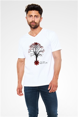 Red Hot Chili Peppers Beyaz Unisex V Yaka Tişört T-Shirt