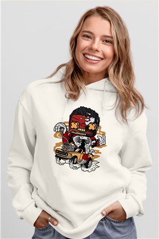 Red Hulk Anti Venom Car Race Baskılı Beyaz Unisex Hoodie