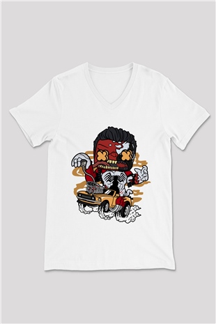 Red Hulk Anti Venom Car Race Baskılı Beyaz Unisex V Yaka Tişört