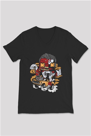 Red Hulk Anti Venom Car Race Baskılı Siyah Unisex V Yaka Tişört