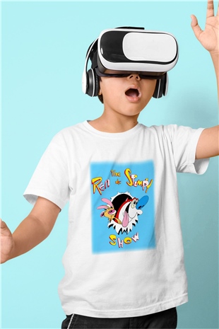 Ren and Stimpy Show Baskılı Beyaz Unisex Çocuk Tişört