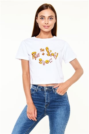 Ren and Stimpy Show Beyaz Croptop Tişört