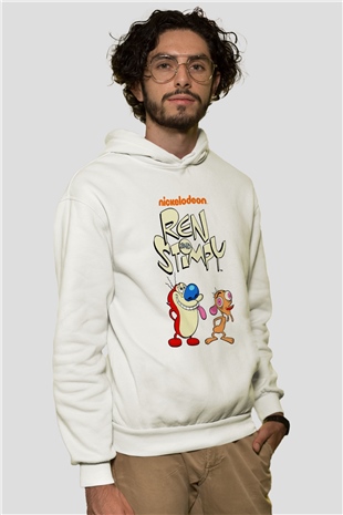 Ren and Stimpy Show Beyaz Unisex Hoodie
