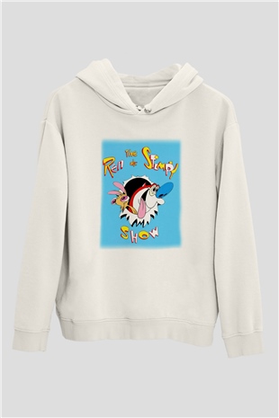 Ren and Stimpy Show Beyaz Unisex Kapşonlu Sweatshirt