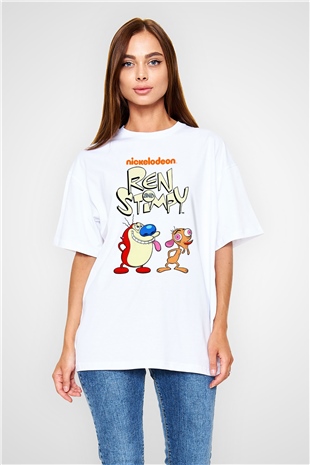 Ren and Stimpy Show Beyaz Oversize Tişört Oversize T-shirt