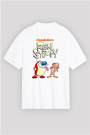 Ren and Stimpy Show Beyaz Oversize Tişört Oversize T-shirt
