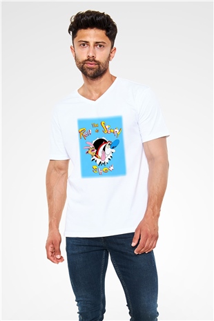 Ren and Stimpy Show Beyaz Unisex V Yaka Tişört T-Shirt