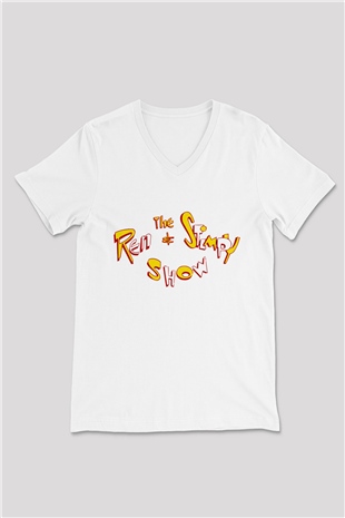 Ren and Stimpy Show Beyaz Unisex V Yaka Tişört T-Shirt