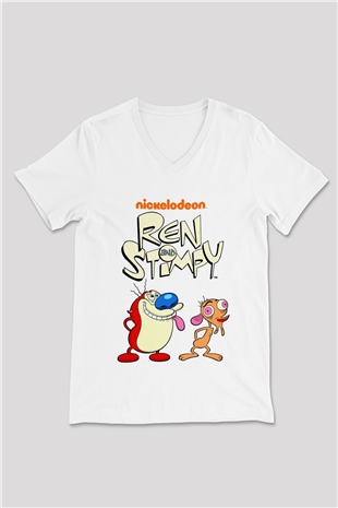 Ren and Stimpy Show Beyaz Unisex V Yaka Tişört