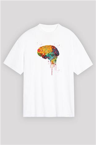 Renkli Akışkan İnsan Beyni Baskılı Unisex Oversize Beyaz Tişört - Tshirt