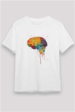 Renkli Akışkan İnsan Beyni Baskılı Unisex Beyaz Tişört - Tshirt