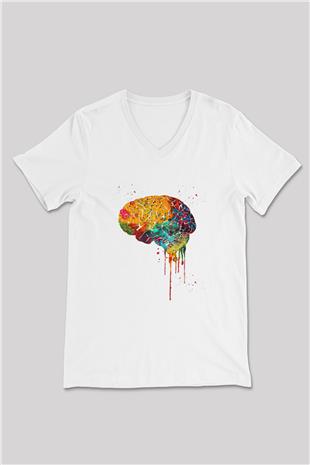 Renkli Akışkan İnsan Beyni Baskılı Unisex V Yaka Beyaz Tişört - Tshirt