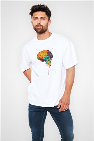 Renkli Akışkan İnsan Beyni Baskılı Unisex Oversize Beyaz Tişört - Tshirt