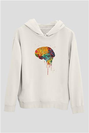 Renkli Akışkan İnsan Beyni Baskılı Unisex Ekru Hoodie