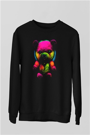 Renkli Ayıcık Baskılı Unisex Siyah  Sweatshirt