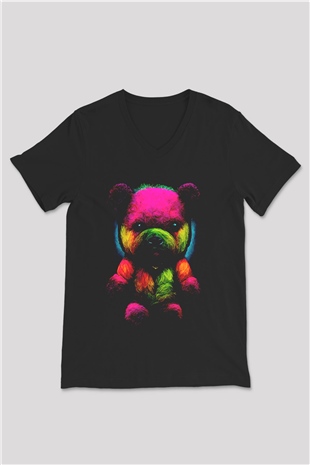 Renkli Ayıcık Baskılı Unisex Siyah  V Yaka Tişört