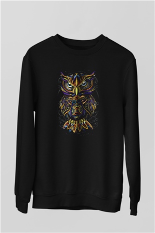 Renkli Baykuş Baskılı Unisex Siyah  Sweatshirt