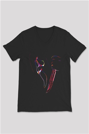 Renkli Çığlık Baskılı Unisex Siyah  V Yaka Tişört