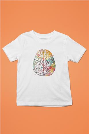 Renkli İnsan Beyni Baskılı Unisex Beyaz Çocuk Tişörtü - Tshirt