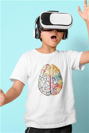 Renkli İnsan Beyni Baskılı Unisex Beyaz Çocuk Tişörtü - Tshirt