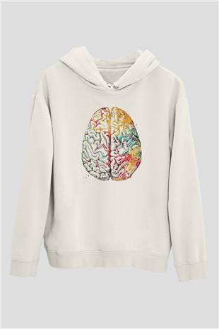 Renkli İnsan Beyni Baskılı Unisex Ekru Hoodie