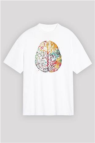 Renkli İnsan Beyni Baskılı Unisex Oversize Beyaz Tişört - Tshirt