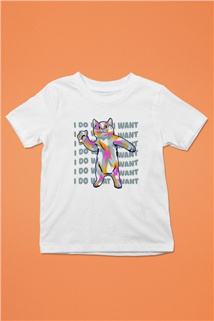 Renkli Kedi Baskılı Unisex Beyaz  Çocuk Tişört