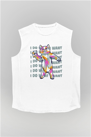 Renkli Kedi Baskılı Unisex Beyaz  Kolsuz Tişört