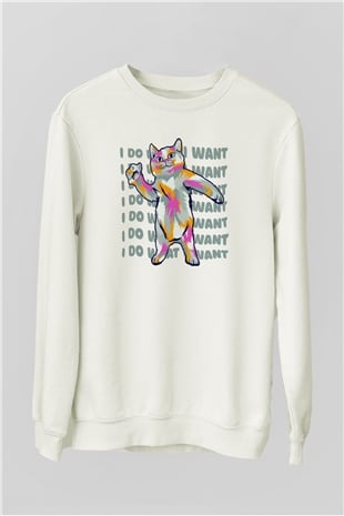 Renkli Kedi Baskılı Unisex Beyaz  Sweatshirt