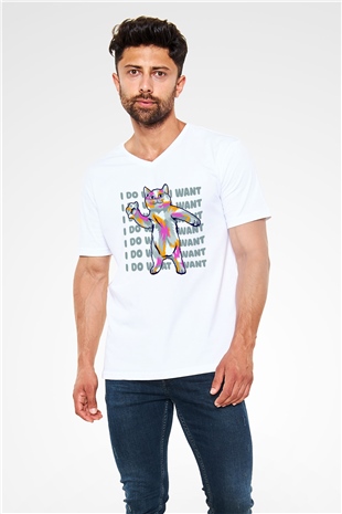 Renkli Kedi Baskılı Unisex Beyaz  V Yaka Tişört