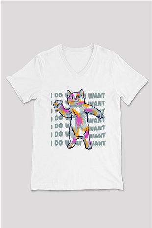 Renkli Kedi Baskılı Unisex Beyaz  V Yaka Tişört