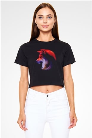 Renkli Kurt Baskılı  Siyah  Crop Top Tişört