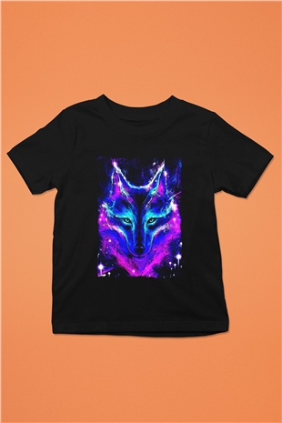 Renkli Kurt Baskılı Unisex Siyah  Çocuk Tişört