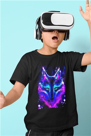 Renkli Kurt Baskılı Unisex Siyah  Çocuk Tişört