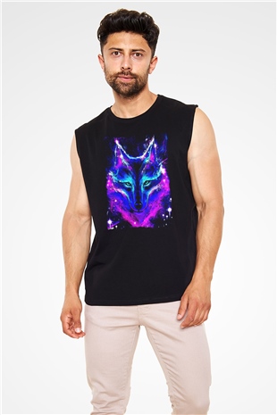 Renkli Kurt Baskılı Unisex Siyah  Kolsuz Tişört