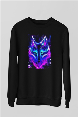 Renkli Kurt Baskılı Unisex Siyah  Sweatshirt