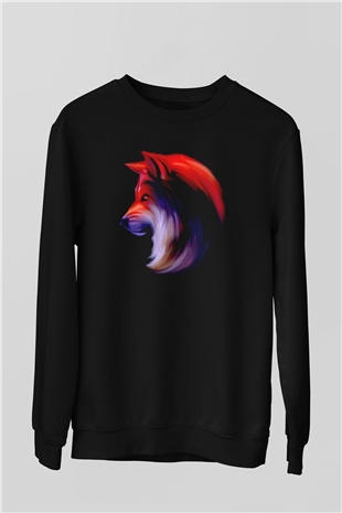 Renkli Kurt Baskılı Unisex Siyah  Sweatshirt