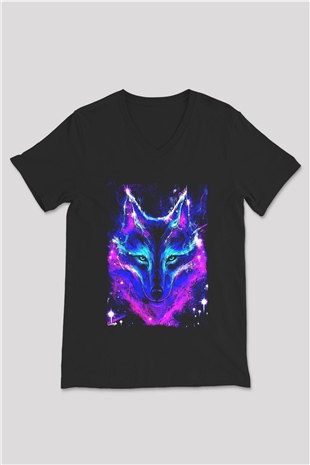 Renkli Kurt Baskılı Unisex Siyah  V Yaka Tişört