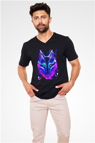Renkli Kurt Baskılı Unisex Siyah  V Yaka Tişört