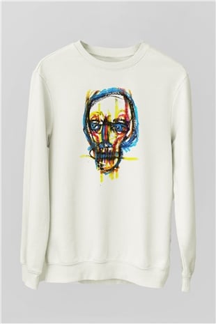 Renkli Kurukafa Baskılı Beyaz  Sweatshirt
