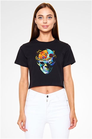 Renkli Kurukafa Baskılı  Siyah  Crop Top Tişört