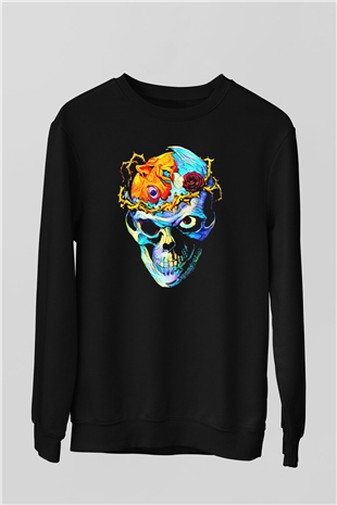 Renkli Kurukafa Baskılı Unisex Siyah  Sweatshirt