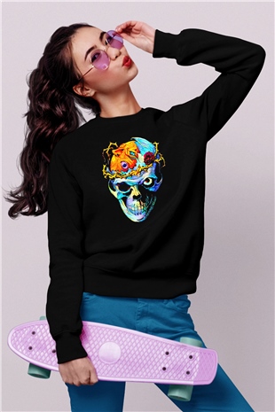 Renkli Kurukafa Baskılı Unisex Siyah  Sweatshirt