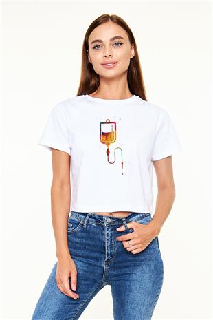 Renkli Serum Baskılı Kadın Crop Top Beyaz Tişört