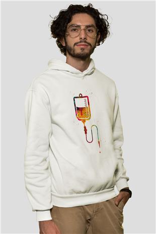 Renkli Serum Baskılı Unisex Ekru Hoodie