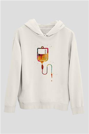 Renkli Serum Baskılı Unisex Ekru Hoodie