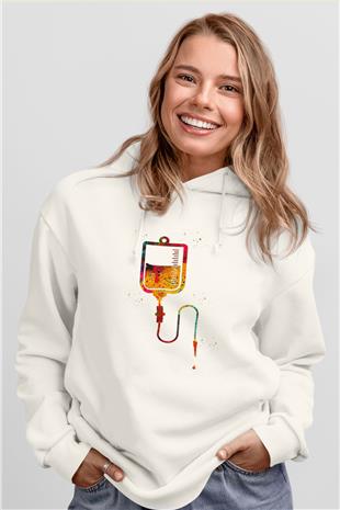 Renkli Serum Baskılı Unisex Ekru Hoodie