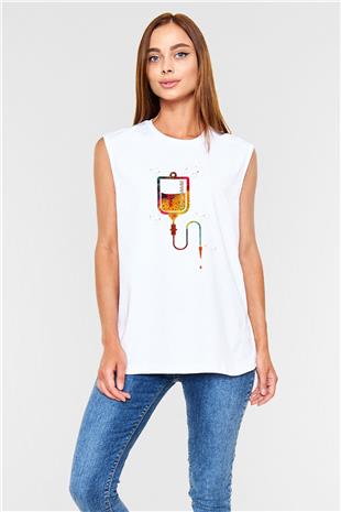 Renkli Serum Baskılı Unisex Kolsuz Beyaz Tişört - Tshirt